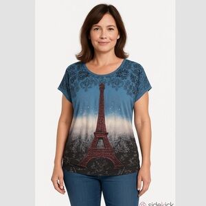 Aroni Embellished Paris Slinky Tunic Top Multicolor Short Sleeve Stretchy XL